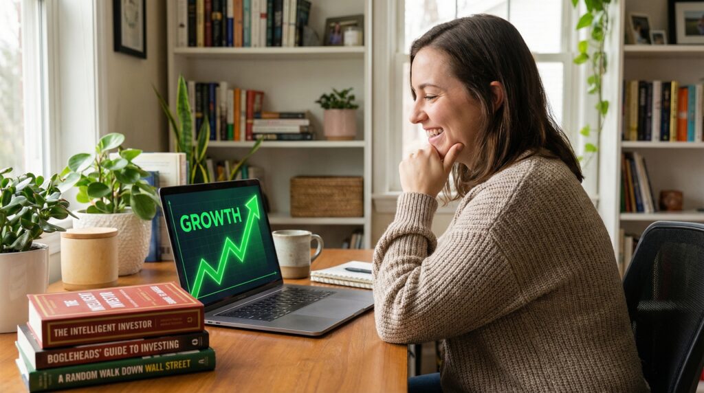 Beginner investor smiling while reviewing an investment app on their phone