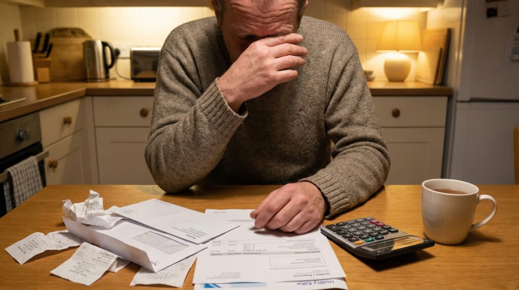 Person looking stressed while reviewing their finances