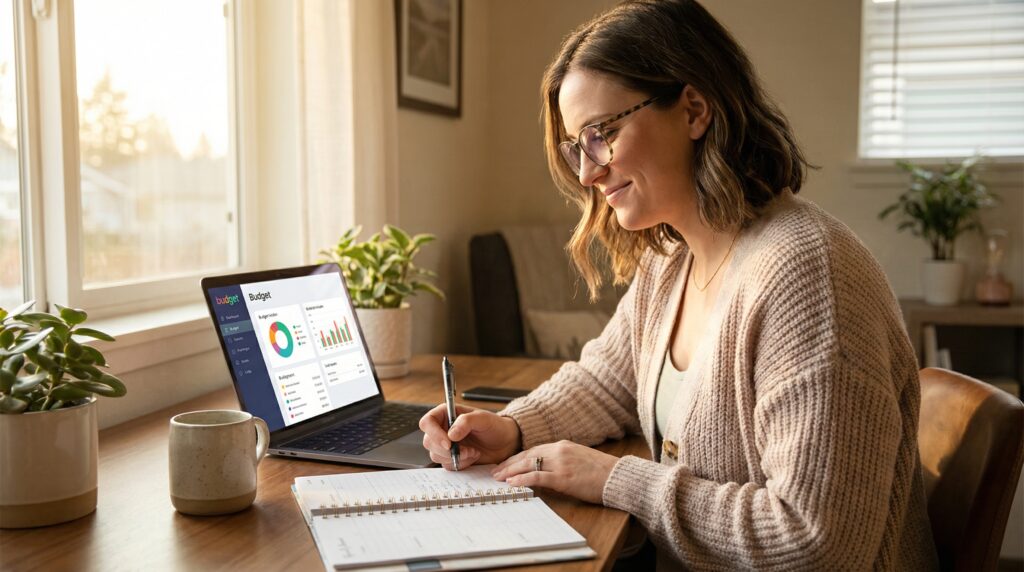 Person sitting at a desk reviewing their monthly budget