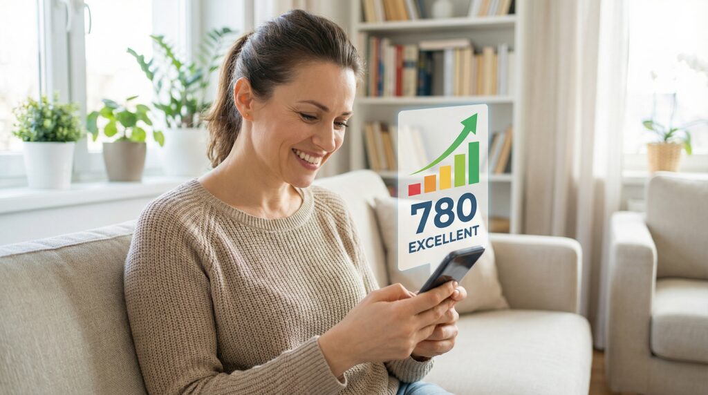 Person smiling while checking their finances on their phone