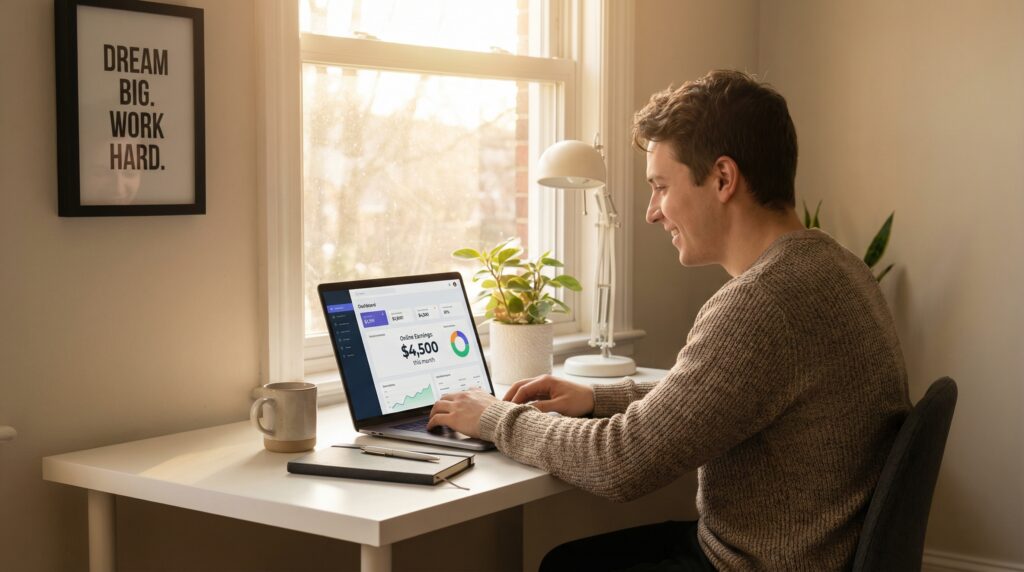 Young person working on a laptop researching side income