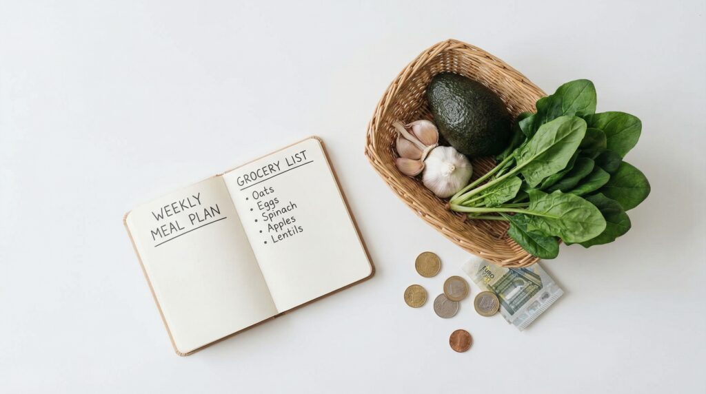 Flat lay of financial documents and savings tools for budgeting