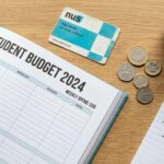 Flat lay of money saving tools and financial planning supplies