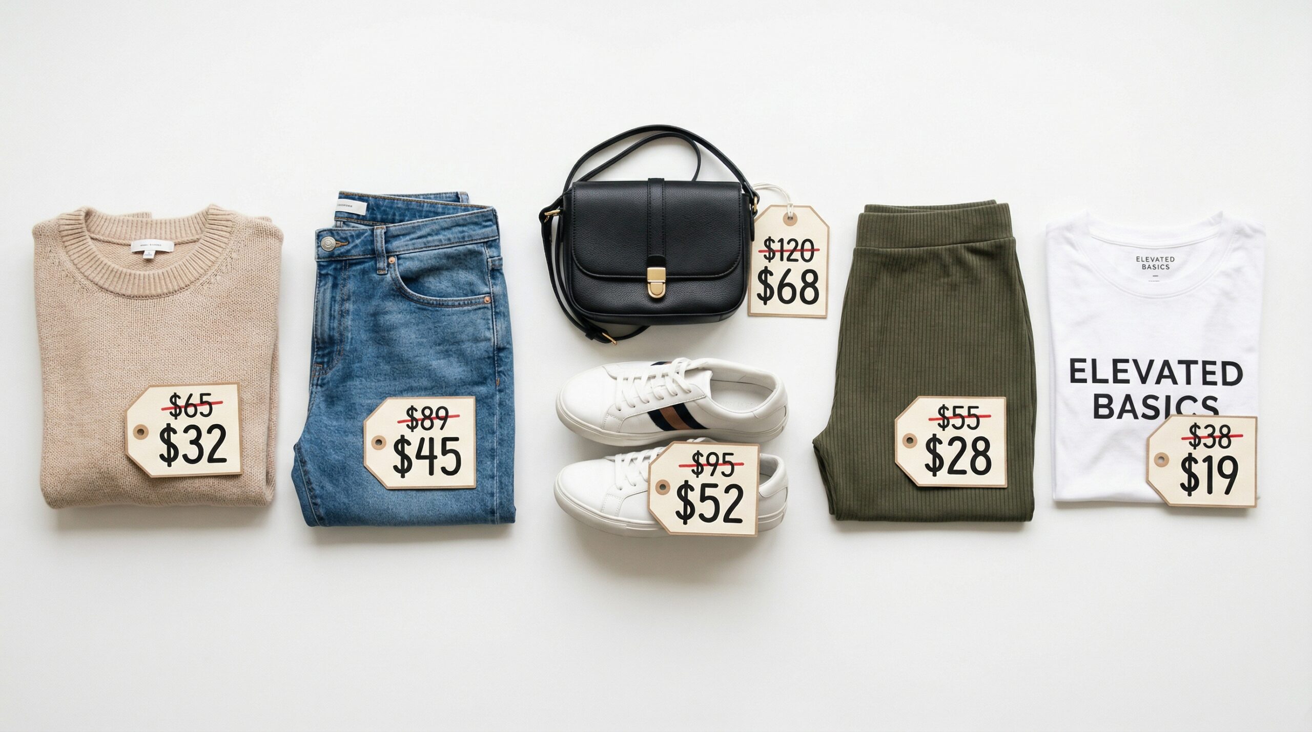 Flatlay of stylish clothing items for fashion shopping guide
