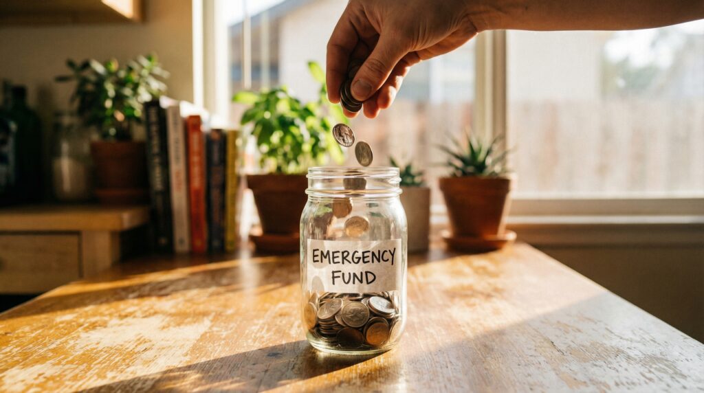 Glass jar labeled with savings goals for money accumulation