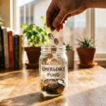 Glass jar labeled with savings goals for money accumulation